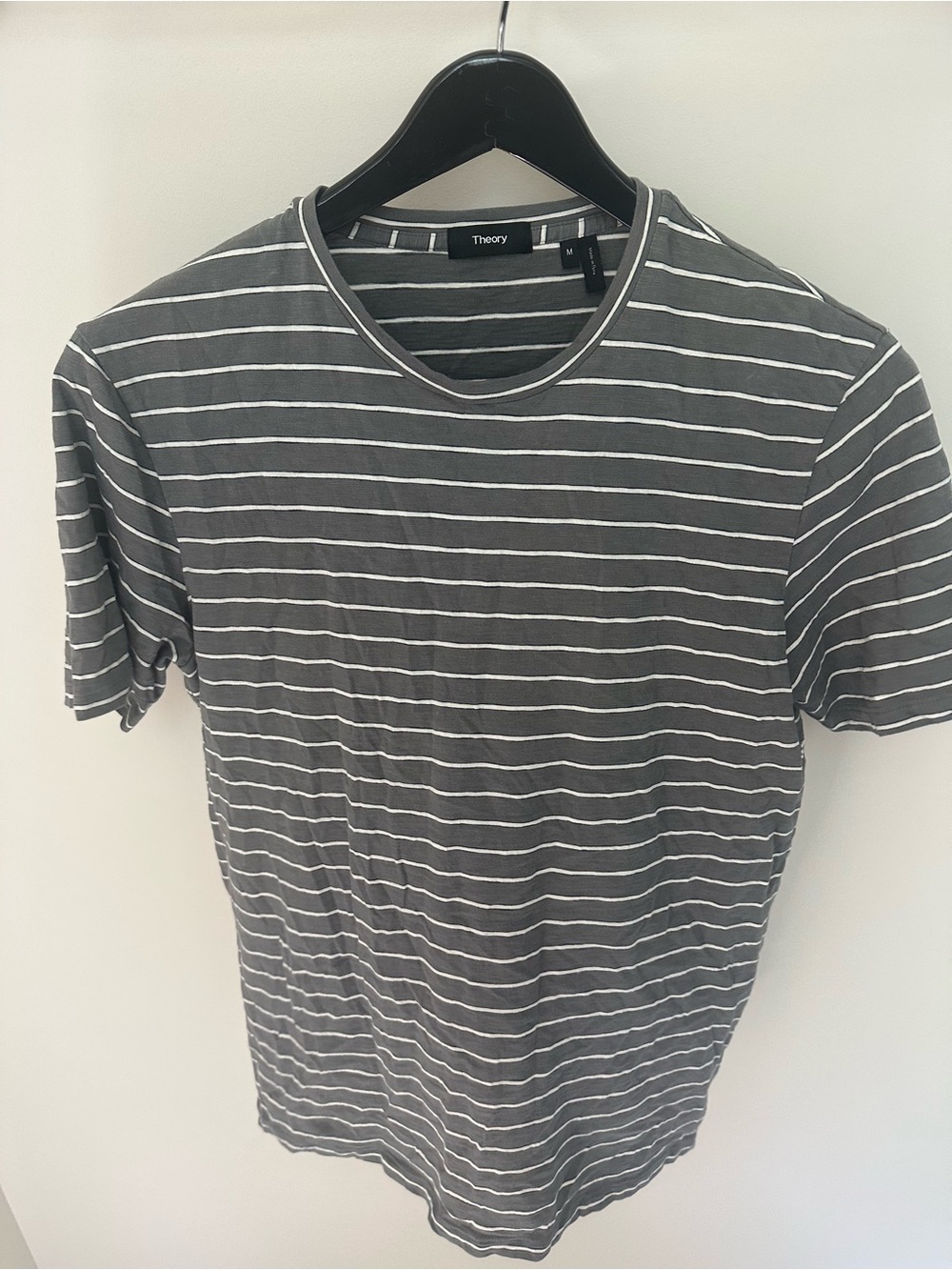 Theory Gray and White Striped Short Sleeve Tee